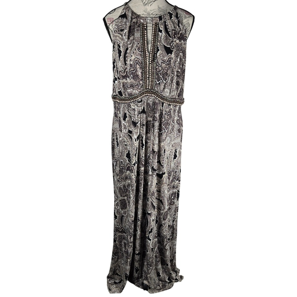 White House Black Market Paisley Beaded Halter Maxi Dress Black Tan Boho 12